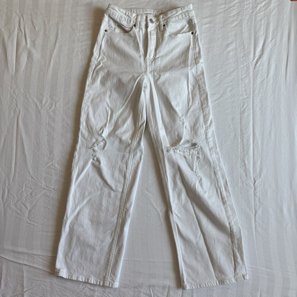 Old Navy Womens 0 Sky Hi Wide Leg White Jeans Extra High Rise Distressed Denim